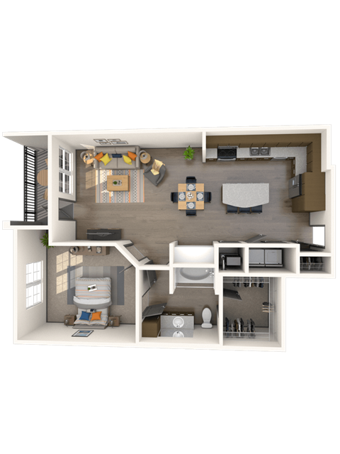 Floor plan for 1 bed, 1 bath, 971 sqft